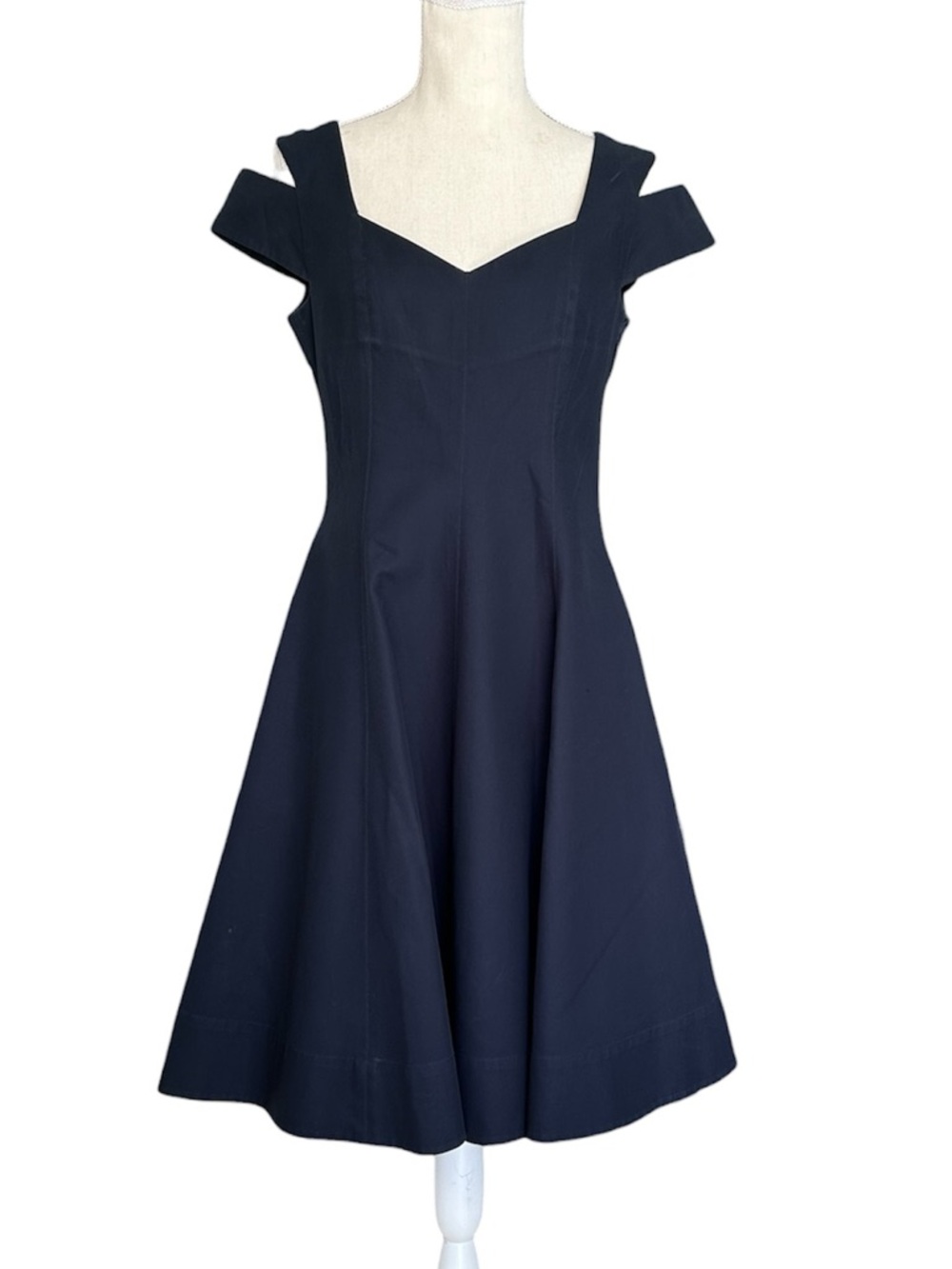 Paule Ka Dress Classic Navy Fit-and-Flare Cold-Shoulder Women’s Size 38